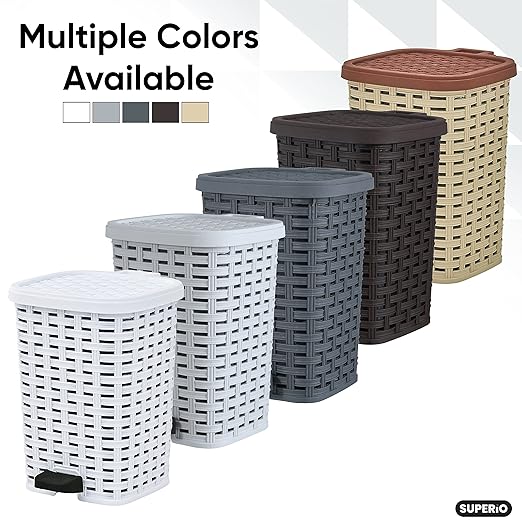 Superio Mini Trash Can with Foot Pedal Small Outdoor Garbage Can with Lid, 1.5 Gallon Plastic Waste Basket for Bathroom, Bedroom, Kitchen, Office, Patio (Wicker Grey 6 QT.)