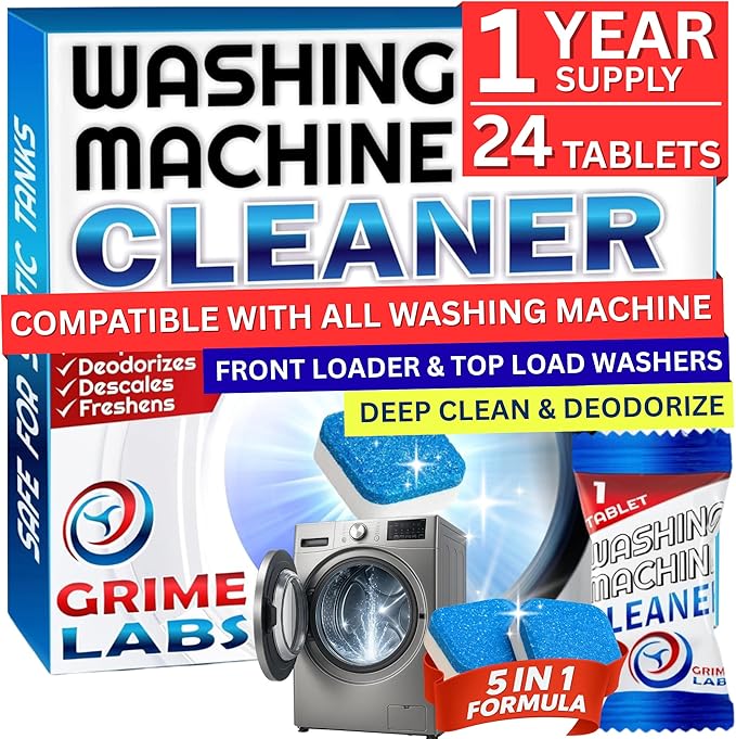 GRIME LABS Washing Machine & Dishwasher Cleaner Tablets Bundle – 12-Month Supply | Deep Cleaning & Deodorizing Tablets for Dishwashers & Washing Machines | 48-Tablet Set – Value Pack