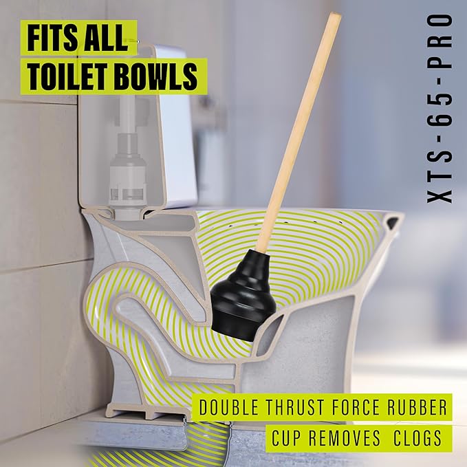 SteadMax XTS-65-PRO Heavy Duty Toilet Plunger, Commercial Grade, Powerful Double Thrust Force Rubber Cup with Wood Handle, for Clogged Bathroom, Shower, and Kitchen (22" x 5.75")