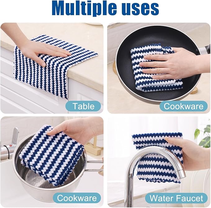 Homaxy 18 Pack Kitchen Dish Cloths, Ultra Soft and Absorbent Dish Towels, Reusable Fast Drying Microfiber Cleaning Cloth, Coral Velvet Wave Design No-lint, 10 x 10 inches, Dark Grey/Navy Blue/Beige