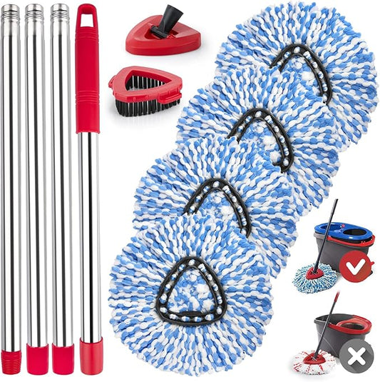 Spin Mop Replacement Head for O Cedar 2 Tank RinseClean, 4 Microfiber mop Refill, 1 Scrub Brush, 1 Mop Stick, 1 Mops Base, Deep Cleaning, 30" to 58" Mop Handle Replacement
