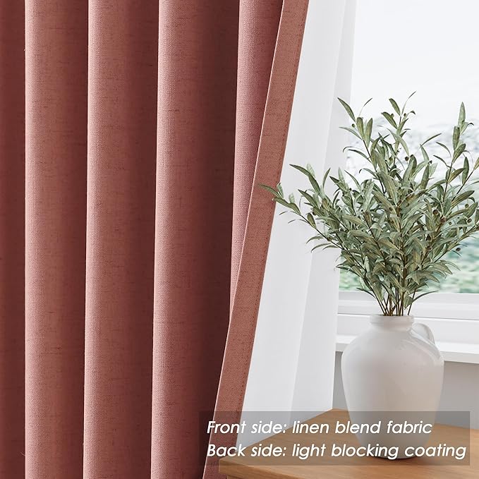 100% Blackout Linen Curtains 108 Inch Length 2 Panels Canyon Rose Drapes Loop Pocket Rod Pocket Flax Linen Drapes Thermal Insulated Total Blocking Curtains for Dining Room High Ceiling 52X108