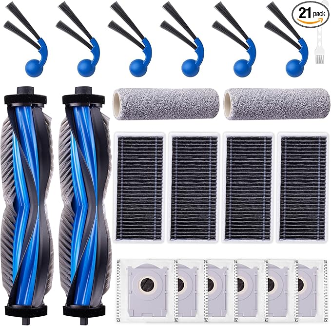EOVWAEO 21 Pack Accessories Kit for ECOVACS DEEBOT T80 Omni Robot Vacuum, Replacement Parts 2 Anti Tangle Main Brush 2 Roller Mop 6 Dust Bags 6 Sidebrush 4 Filter 1 Cleaning Brush