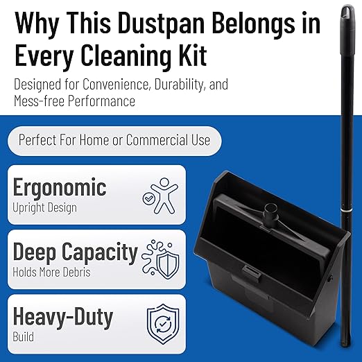 SPARTA Plastic Dust Pan, Upright Pan With 2 Piece Handle For Cleaning, 11 X 12 X 3.5 Inches, Black