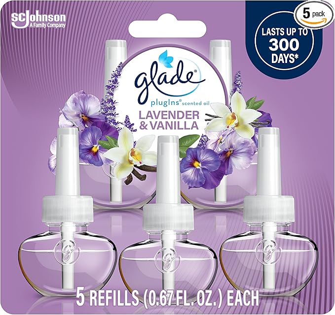 Glade PlugIns Refills Air Freshener, Scented and Essential Oils for Home and Bathroom, Lavender & Vanilla, 3.35 Fl Oz, 5 Count