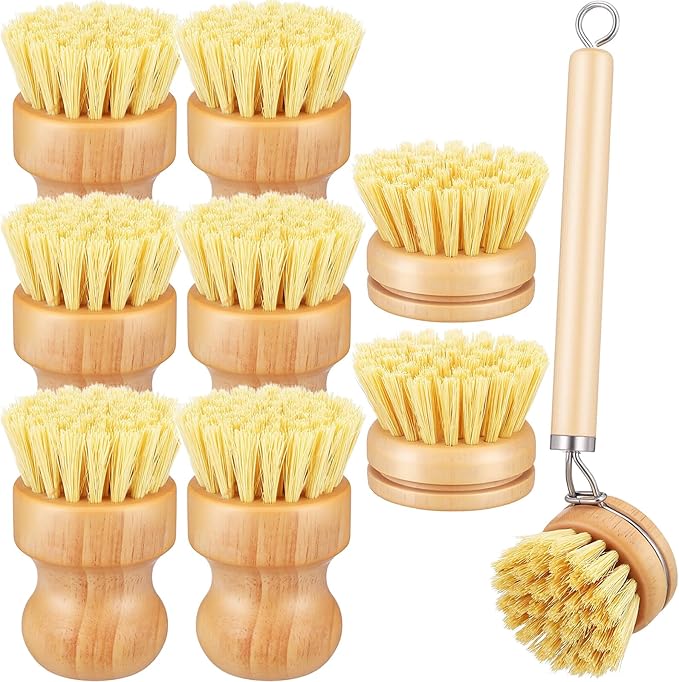 IANFAN 9 Pcs Bamboo Dish Brush Set, Multifunctional Dishwashing Scrubber with Natural Sisal Bristles, Wooden Dish Brush for Cleaning Pots, Dishes, Pans, Vegetables