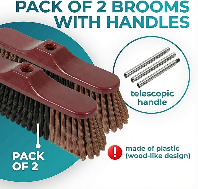 HELOMOR Indoor Push Broom with Dustpan Combo Set, Long Handle Floor Sweeping Broom for Kitchen, Garage, Office, Bathroom, Wood & Parquet Floors (2 Pack)