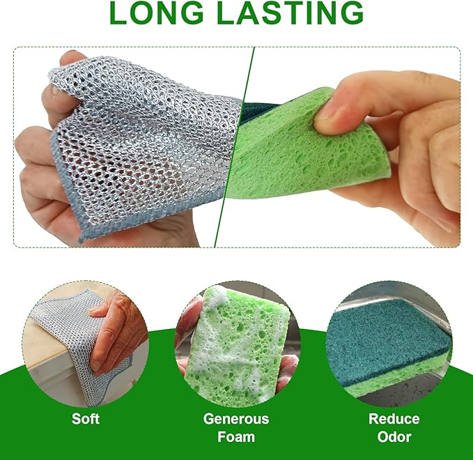 12 Pack Non-Scratch Dish Sponges and 12 Pack Wire Dishwashing Rags Set, Gentle Scrub Sponges and Reusable Non-Scratch Wire Dishcloth for Kitchen, Bathroom, and Household Cleaning