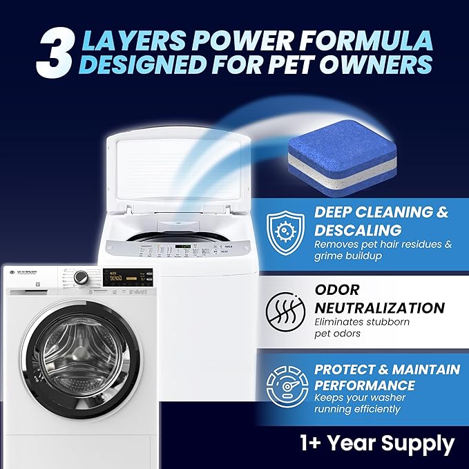 Washing Machine & Dishwasher Cleaner Tablets for Pet Owners - Front & Top Load Washer Deep Clean - Remove Pet Hair & Odors - Hard Water Descaler with Citric Acid - HE & Septic Safe - 28 Tabs - Lemon S