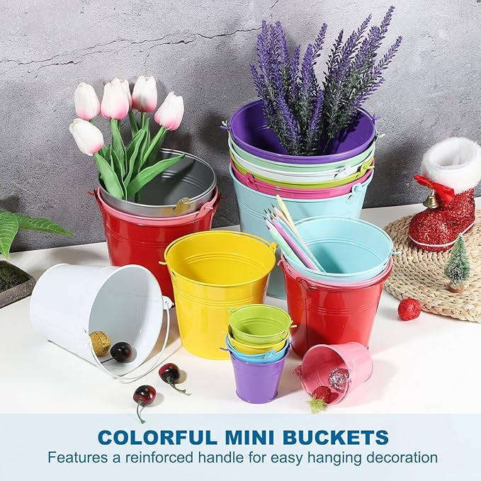 PATIKIL 2.7"x2.3" Small Metal Buckets with Handle, 12 Pcs Mini Galvanized Bucket Colorful Easter Buckets for Crafts Party Favors Decoration, Green/Yellow/Orange/Blue/Red/Purple