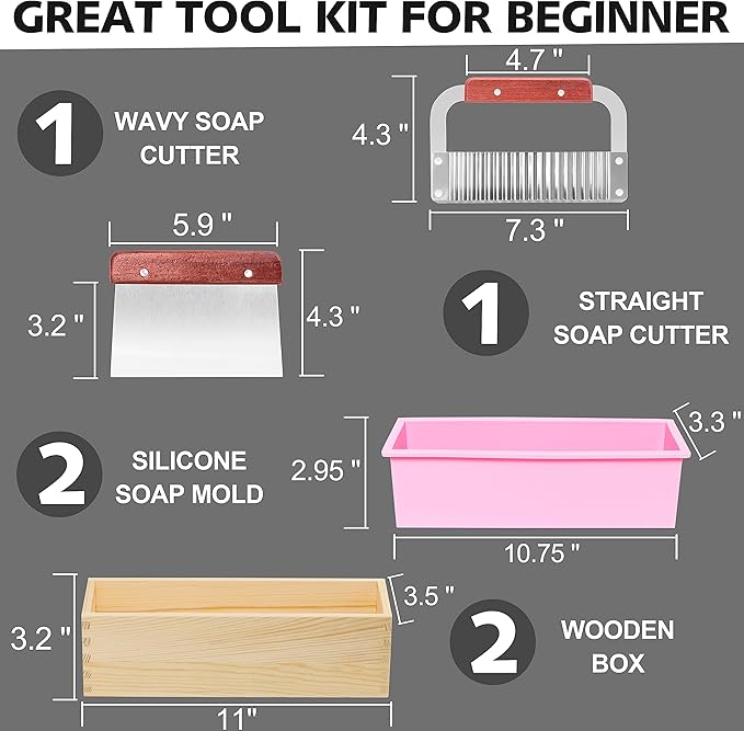 2 pcs Rectangular Soap Molds Kit with Cutters - 42oz Flexible Silicone Loaf Soap Mold with Wooden Box, Stainless Steel Wavy & Straight Scraper for Homemade Craft Soap Making Supplies
