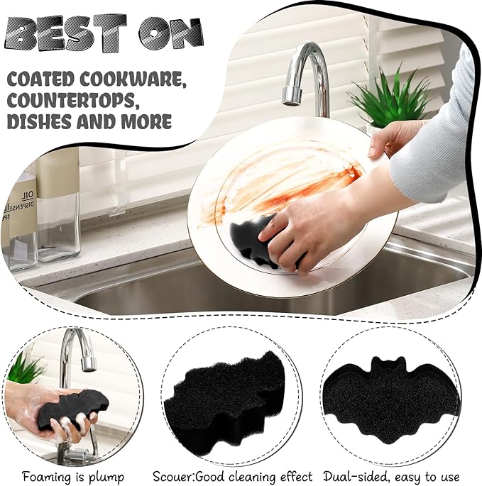 Tioncy 12 Pack Bat Sponges Kitchen Bulk Dual Sided Scrubber Halloween Sponges Dishwashing Non Scratch Bat Kitchen Accessories Dish Scouring, Black
