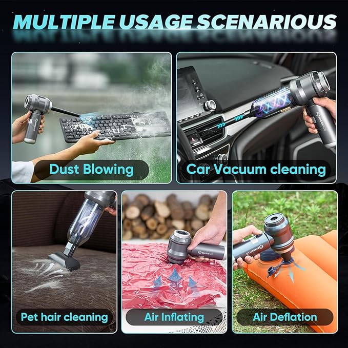 SakerPlus 4 in 1 Handheld Car Vacuum Cleaner, 17500PA High Power Rechargeable Portable Vacuum with LED Light, Multi Nozzles for Car, Home & Office–Ideal for Family(Light Grey)