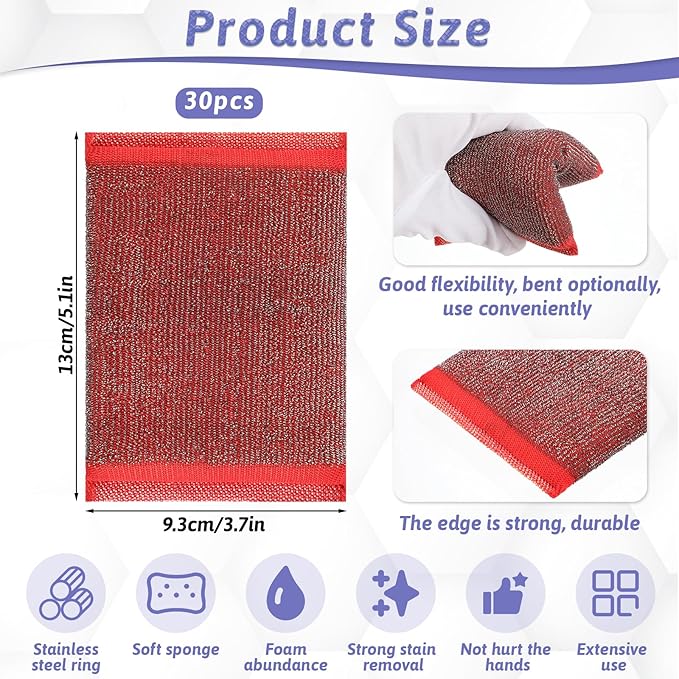 Qianyu 30 PCS Steel Scrub Sponges Steel Scrubber for Dishes Wash Dish Sponge Non-Scratch Cleaning Sponges Scrubbing Pads Heavy Duty Scrubber Hard Surface Cleaning Tool for Kitchen Dish Pan Pot Stains