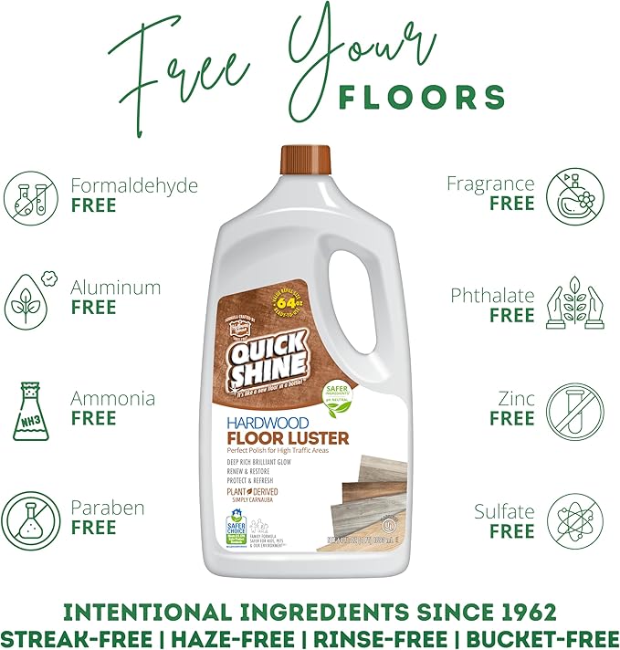 Quick Shine Hardwood Floor Luster-Polish 64oz-2pk Plant-Derived w/Carnauba Safer Choice, No PFAS, pH Neutral Ready to Use Formula w/Anti-Slip Technology Simply Squirt & Spread Made in USA