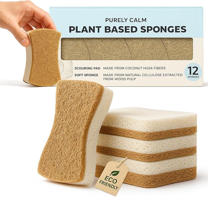 Purely Calm Plant Based Natural Sponge - Pack of 12 Cellulose Sponges, Safe on Non-Stick Cookware, Dual Sided Dish Sponge for Washing Dishes, Kitchen and Household