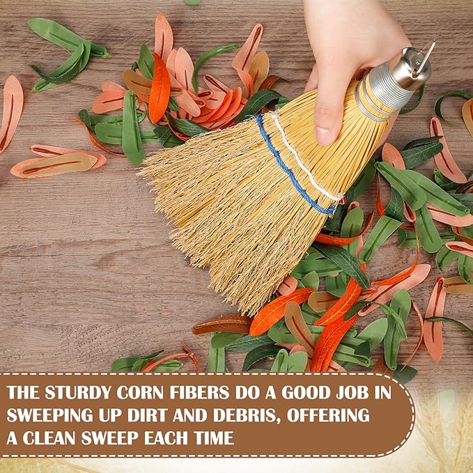 Suclain 2 Pcs 12 Inch Whisk Broom Hand Held Mini Corn Straw Whisk Broom Short Handle with Metal Hanger Halloween for Multi Surface Sweeping Small Hand Brush for Outdoor Car Porch Debris Dust Dirt