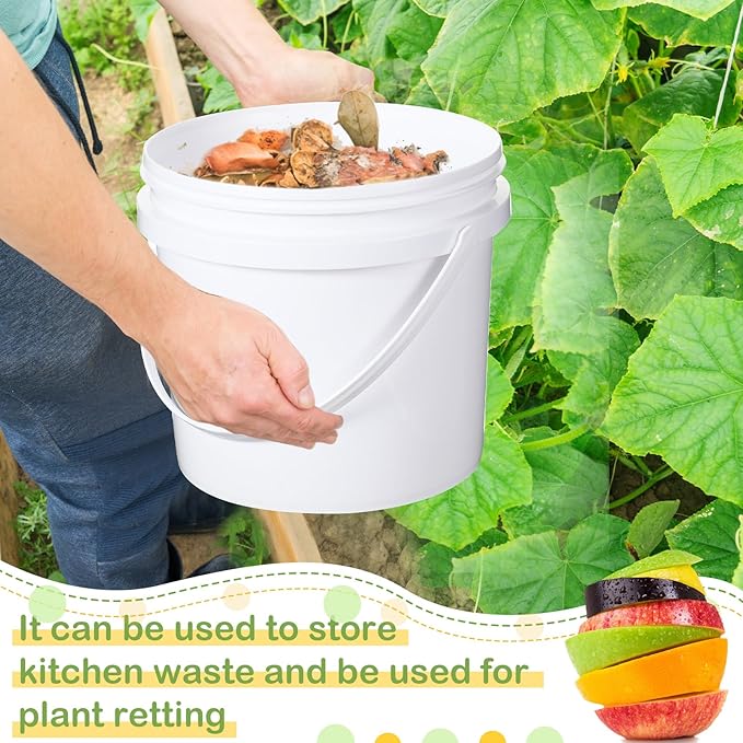 Leinuosen 8 Pcs Plastic Bucket with Handle and Lid Durable Heavy Duty Food Safe Bucket Pail Container for Multipurpose Storage Paint Art Crafts Projects, BPA Free(1 Gallon,White)