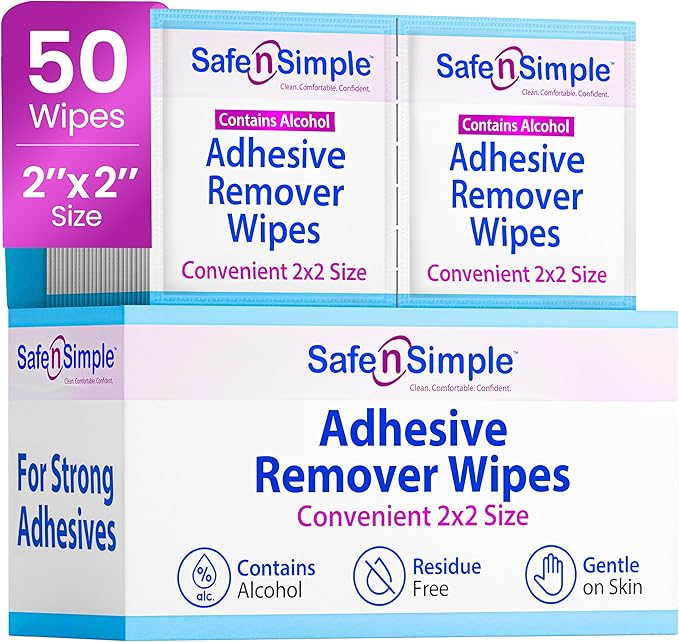 Safe n' Simple Adhesive Remover for Skin - 2”x2” 50 Packets - Adhesive Remover Wipes - Adhesive Remover Wipes Alcohol - Medical Isopropyl Alcohol Cleansing Pads Individually Wrapped