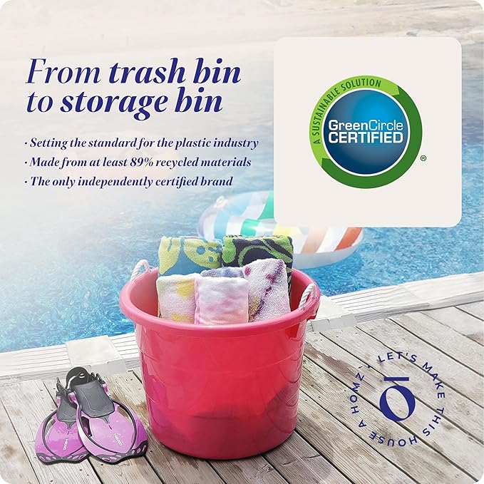 HOMZ 2-Pack Utility Tub, Large Plastic Storage Bucket with Rope Handles, 18 Gallon, Pink - Portable Indoor and Outdoor Buckets for Kitchen, Laundry, Garden, Bathroom, and Garage Organization
