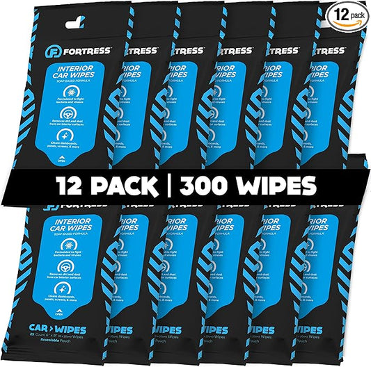 Fortress Car Interior Wipes (25 ct, Pack of 12) for Car Interior Cleaning, Dashboard, Seats, Detailing, and Steering Wheel [Travel Size] Skin-Safe Car Interior Cleaner Supplies