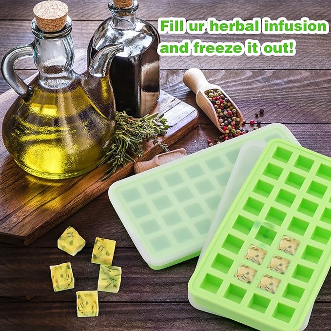 AIERSA 2Pcs Silicone Molds for Herb-Infused Oil Cubes, 32 Cavity Candy Gummy Molds with Lids & 2 Droppers for DIY 5/8x5/8x5/8in Square Gummies, Homemade Herbal Blocks, Jello, Pralines Caramels