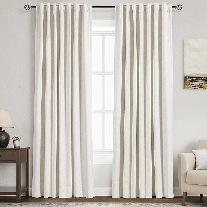 Full Black Out Beige White Window Curtains 84 Inches Long Back Tab Rod Pocket Thermal Insulated Flax Linen Sound Proof Full Blackout 2 Panels Set for Nursery Modern Farmhouse Curtains Drapes 52x84