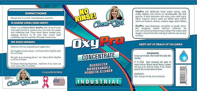 Chem-Girl OxyPro Concentrated Multi-Purpose Surface Cleaner to the Rescue - Chlorine-Free, Oxygen-Powered Stain & Odor Remover, 5 Percent Hydrogen Peroxide (H2O2), 1 Quart, 2-Pack