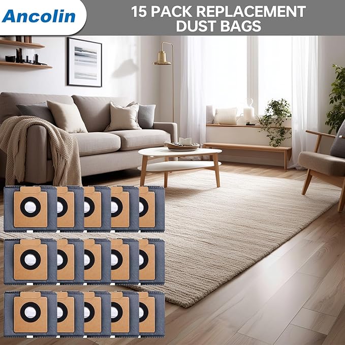 Ancolin 15 Pack Dust Bags for eufy X10 Pro Omni Robot Vacuum and X8 Pro Models, Large Capacity, with Self-Empty Station, 4-Layer Replacement Bag