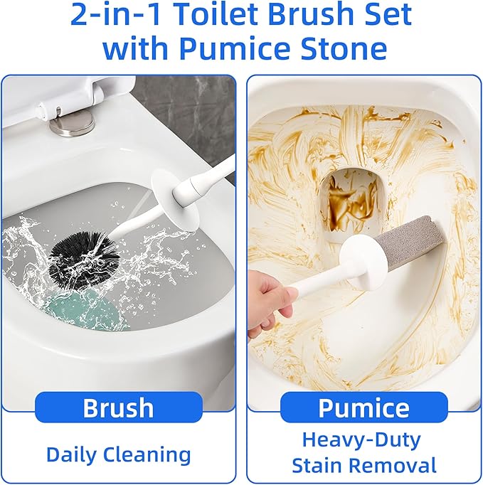 LZLOOK Toilet Brush and Holder Set with Pumice Stone – Long Handle Toilet Bowl Brush, Anti-Splash Scrubber, Ventilated Drip-Free Base, Deep Cleaner for Hard Water Stains, Limescale, Toilet Rings, Grey