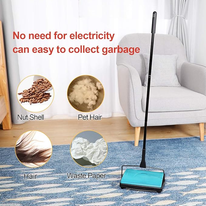 Yocada Carpet Sweeper Cleaner for Home Office Low&Undercoat Carpets Rugs Pet Hair Dust Scraps Paper Small Rubbish Cleaning with a Brush Blue