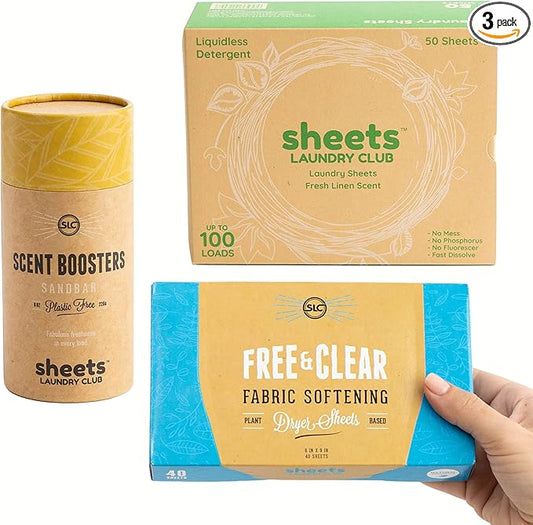 Sheets Laundry Club Bundle - 50 Pack (up to 100 loads) Fresh Linen Detergent Sheets, 40 Pack Free & Clear Dryer Sheets & 8 Oz. Sandbar Scent Booster - New Liquidless Technology