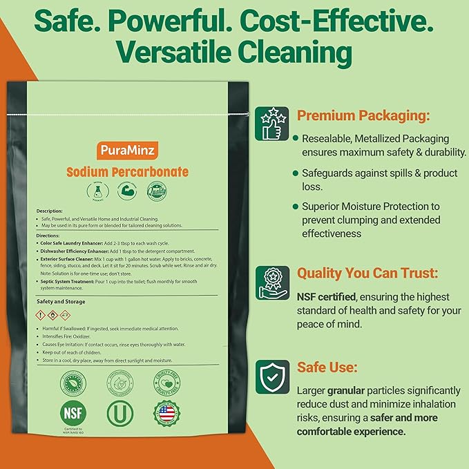 Premium Sodium Percarbonate - 2 Pounds - Oxygen Bleach/Solid Hydrogen Peroxide. Color-Safe Stain & Grime Remover, Multi-Use Cleaner for Home & Laundry- Packed in Durable Resealable Packaging.