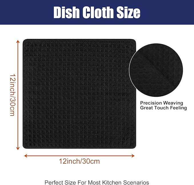 Homaxy Microfiber Waffle Weave Kitchen Dish Cloths, 12 x 12 Inch Ultra Absorbent and Solid Color Dish Towels for Kitchen Fast Drying Dishcloth for Washing Dishes, 6 Pack, Black