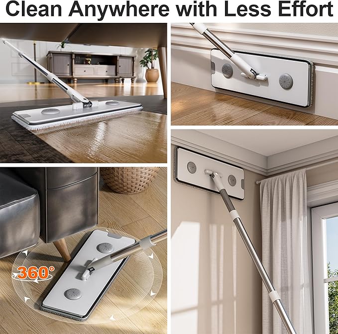 CTIME Large Mop and Bucket Set, 7-Layer Scrapers, Flat Mop and Bucket System, Wall Mop with Adjustable Handle, 7 Washable 15.74" Microfiber Pads