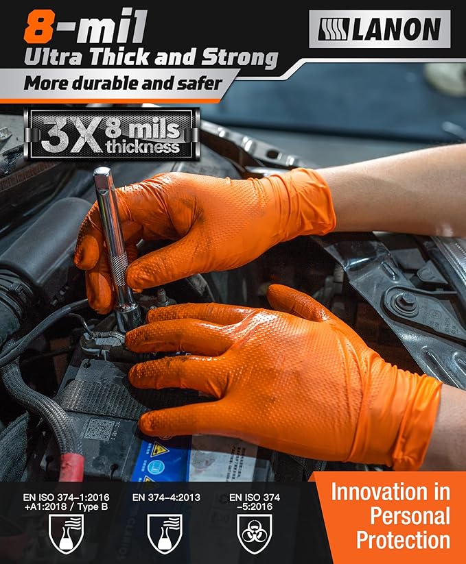 LANON 8mil Orange Disposable Nitrile Gloves, Mechanic, Heavy Duty, Food Safe, Latex Free, Powder Free, Fully-Diamond Textured, Large