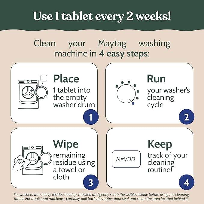 Roobi Washing Machine Cleaner Tablets compatible with Maytag. Deep Clean Formula Eliminates Odor, Residue & Build-Up. Carbon-Neutral & Septic-Safe 24-Pack Cleaning Tablets.