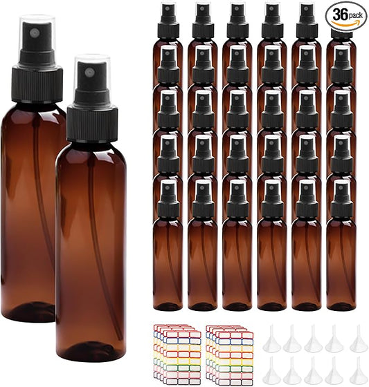 36 Pack Amber Plastic Spray Bottles 4 oz Small Spray Bottle Plastic Fine Mist Spray Empty Bottle, Amber 4 oz Spray Bottles Bulk for Travel, Essential Oils