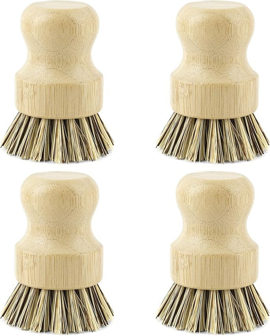 AUEAR, Natural Bamboo Dish Scrub Brush Cleaning Pot Scrubber Brushes Coconut Bristles for Cast Iron Skillet Pots Pans (4 Pack)