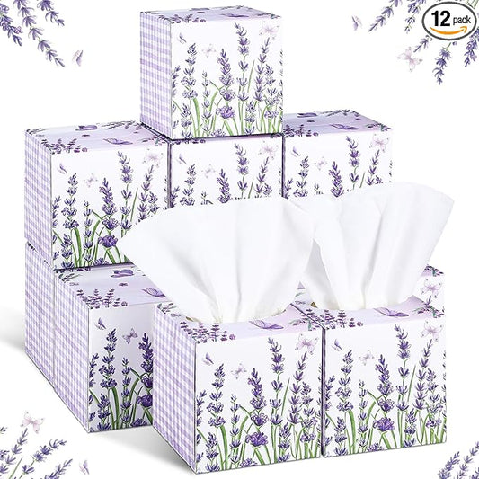12 Pack Fall Lavender Facial Tissues Cube Boxes 600 Sheets 3 Ply Small Purple Flower Floral Face Tissues Bulk for Autumn Car Bedroom Supplies