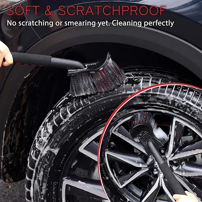 TAKAVU 17.5" Wheel Tire Body Brush Soft Bristle - Gentle Car Wash Brush Long Handle for Safe Tire Sidewall & Wheel Cleaning - Scratch - Free Automotive Tool