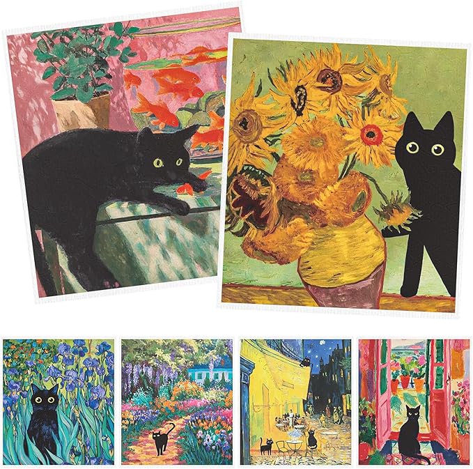 Black Cat Swedish Dishcloths for Kitchen - 6PCS Oil Painting Black Cat Swedish Cloths for Washing Dishes, Cotton Kitten Reusable Dish Towels, Washable Cleaning Sponge Gifts Fast Drying