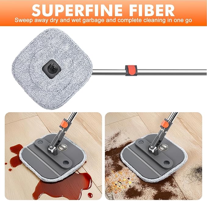 KZKR Upgraded Spin Mop and Bucket Set, Separate Clean and Dirty Water System, 360° Foldable Square Mop Head with Washable Microfiber Mops Pad, Detachable Bucket for Home Floor Cleaning