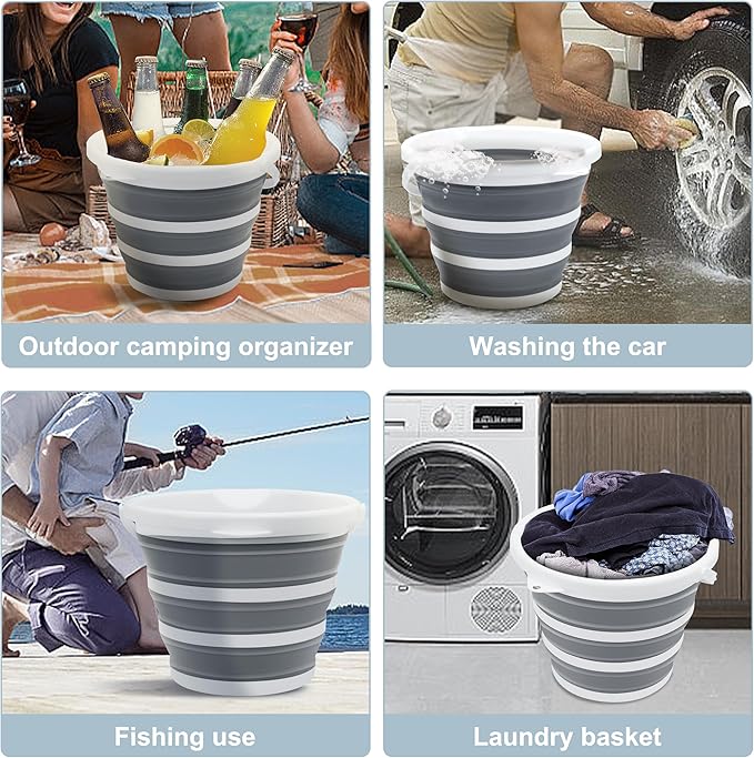 Collapsible Bucket, 2.6 Gallon (10L) - Foldable Mop Bucket for House Cleaning, Car Washing, Camping - Portable Water Pail for Outdoor, RV, Travel (Grey, Round)