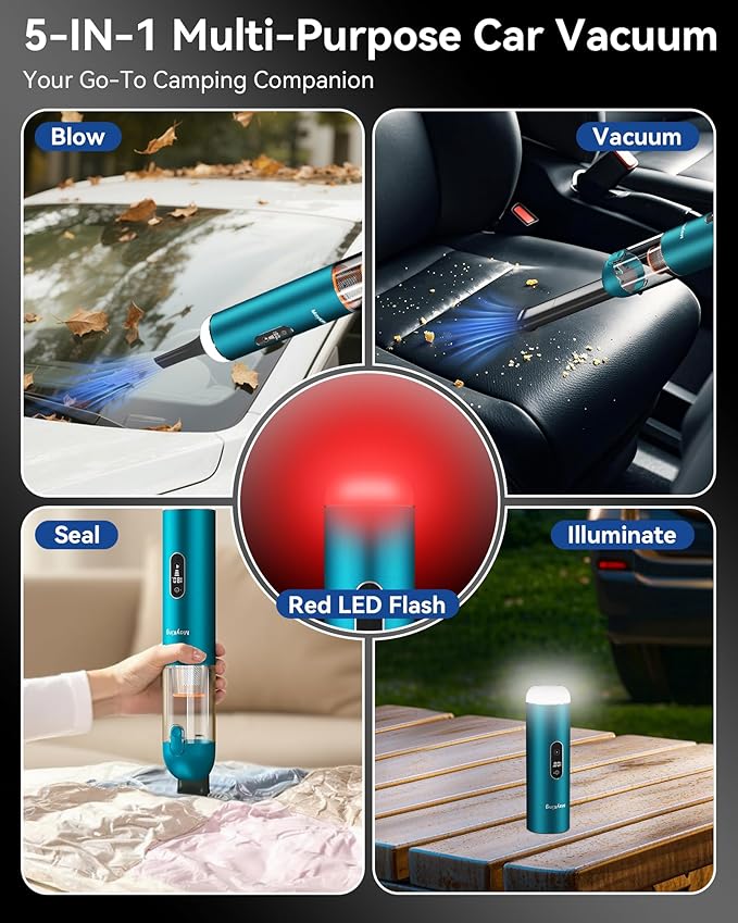 Mayking 5-in-1 Car Vacuum Portable Cordless, Handheld Vacuum with White LED & Red Flash, 115W 18000Pa High Power, 3 Suction Modes, Mini Vacuum Cleaner with LED Display for Car Home Keyboards