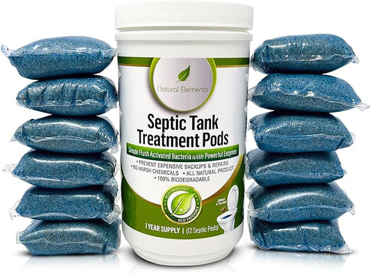 Natural Elements Septic Tank Treatment Pods | 1-Year Supply, Pack of 12 | Eco-Friendly Bacteria & Enzymes Formula | Prevents Backups, Eliminates Odors, Maintains System Health & Efficiency