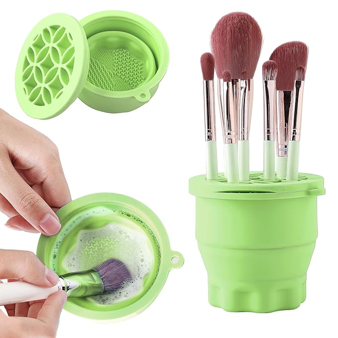 Makeup Brush Cleaner - Foldable Silicone Makeup Brush Cleaner Mat with Brush Storage Holder Makeup Brush Cleaning Bowl Cosmetic Brush Washing Tool for Cleaning Organizer and Drying (Green)