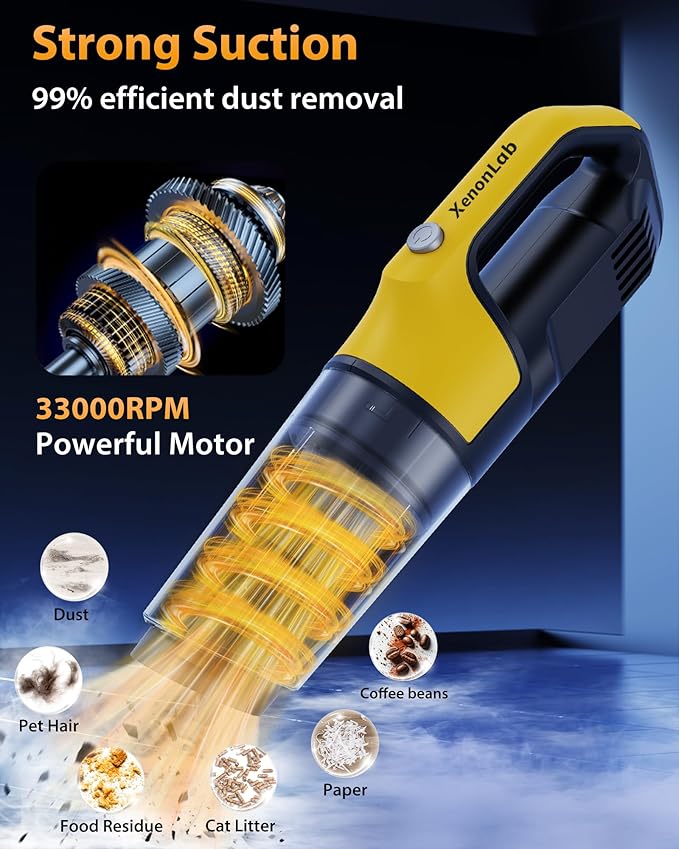 XenonLab Handheld Vacuum Cordless 1.1 Pounds Car Vac 10000PA Hand Held Vacuums 4-in-1 Hand Vac Cordless Rechargeable HEPA Filter Large Capacity Dust Cup for Car Office Home Pets Hair (Yellow)