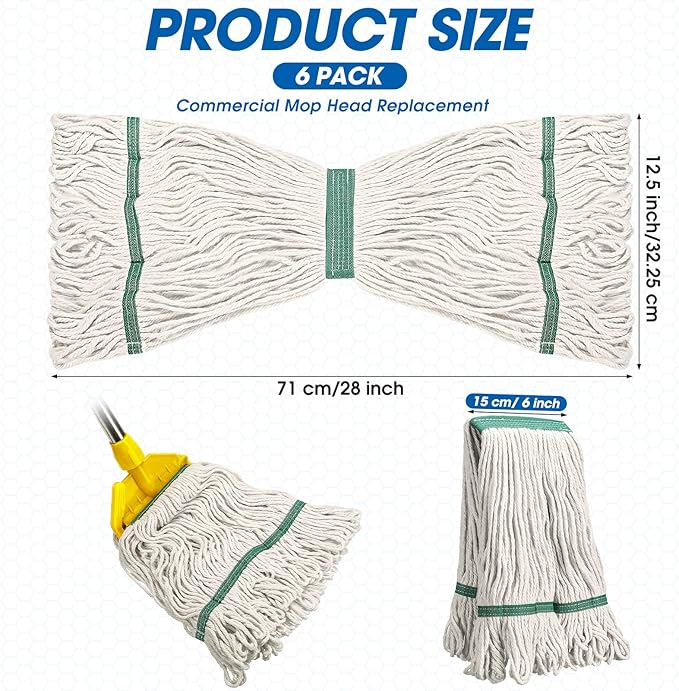 6 Pack Heavy Loop End Cotton String Mop Head Heavy Duty Mop Head Commercial Refills Mop Head Replacement for Home Industrial Commercial Floor Cleaning(White, Green)