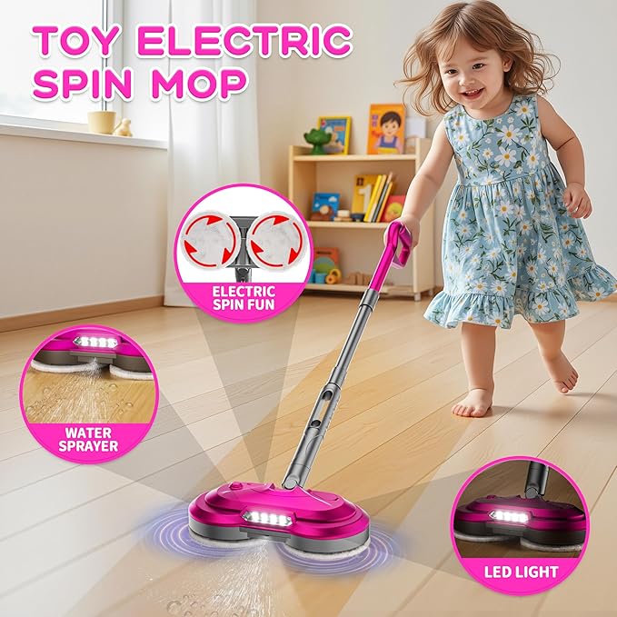 BLAXTEM Kids Electric Spray Spin Mop Toy, Rechargeable Cordless Electric Mop W/Water Sprayer & LED Headlight for Children Ages 3 4 5 6+ Boys & Girls, Cleaning Toy for Pretend Play (Rose Red)